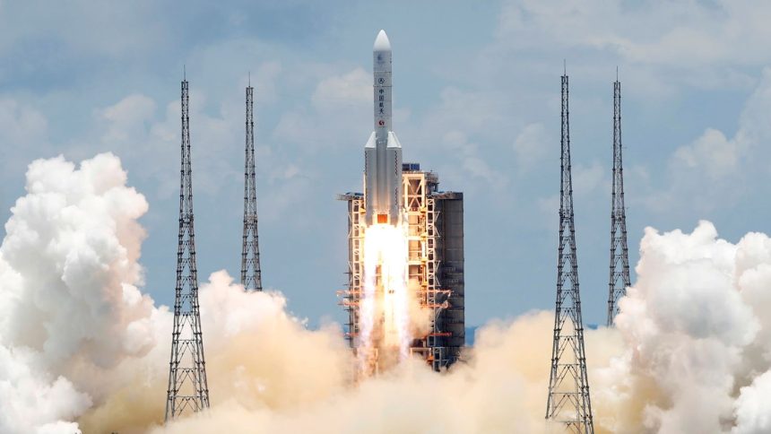 The Long March 5 Y-4 rocket takes off from the Wenchang Space Launch Center in China's Hainan island carrying the uncrewed Tianwen-1 Mars probe on July 23, 2020.