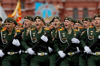 Russian troops march during the Victory Day military parade in Red Square in Moscow, Russia, May 9, 2024.