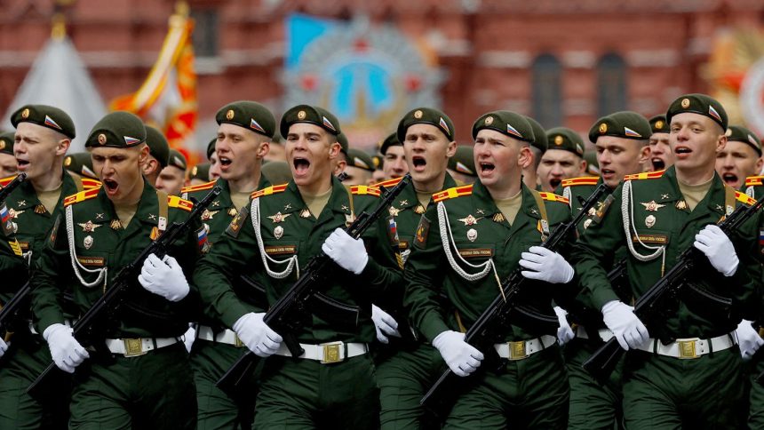 Russian troops march during the Victory Day military parade in Red Square in Moscow, Russia, May 9, 2024.