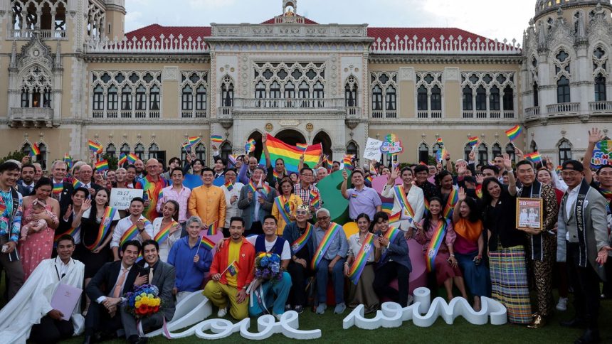 Members of the LGBTQ+ community celebrate after the passing of the marriage equality bill to legalise same-sex unions in Bangkok, Thailand, June 18, 2024.