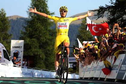 Tadej Pogačar celebrates winning stage 20 of this year's Tour de France.