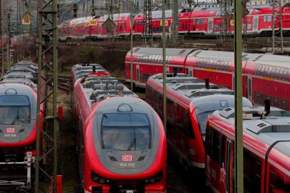 Deutsche Bahn trains outside the central train station in Frankfurt, Germany, on March 6.