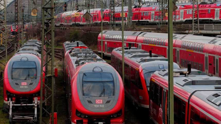 Deutsche Bahn trains outside the central train station in Frankfurt, Germany, on March 6.