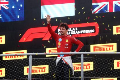 Formula One F1 - Italian Grand Prix - Autodromo Nazionale Monza, Monza, Italy - September 1, 2024 Ferrari's Charles Leclerc celebrates on the podium after winning the Italian Grand Prix REUTERS/Bernadett Szabo