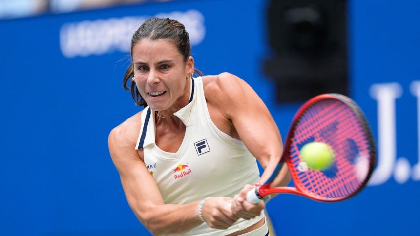 Sep 1, 2024; Flushing, NY, USA; Emma Navarro (USA) hits to Coco Gauff (USA) on day seven of the 2024 U.S. Open tennis tournament at USTA Billie Jean King National Tennis Center. Mandatory Credit: Robert Deutsch-USA TODAY Sports