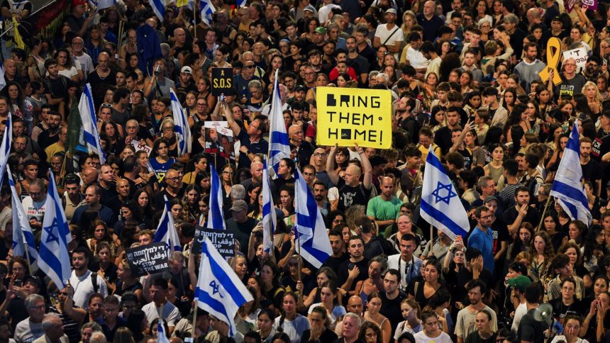 Protesters rally in Tel Aviv, Israel, on September 1, 2024.