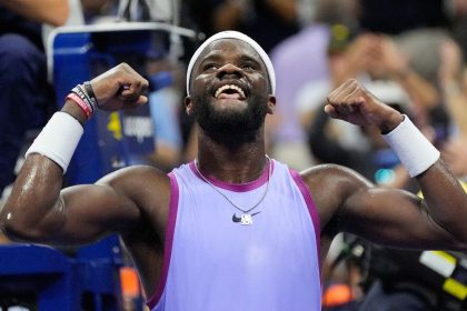 Frances Tiafoe celebrates after beating Alexei Popyrin in the fourth round of the US Open.