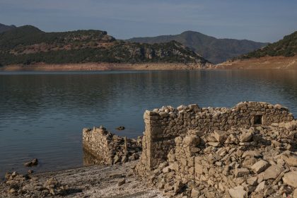 A sunken Greek village is reemerging from a lake as water levels dwindle due to a drought.