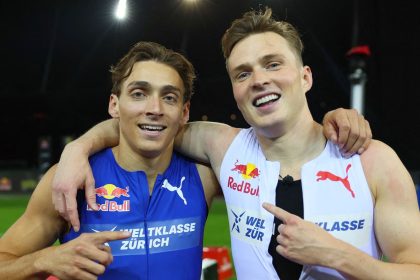 Sweden's Armand Duplantis and Norway's Karsten Warholm after their 100m exhibition race.