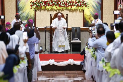 Pope Francis meets with bishops, priests, deacons, consecrated persons, seminarians and catechists at the Shrine of Mary Help of Christians church in Port Moresby, Papua New Guinea, on Saturday.