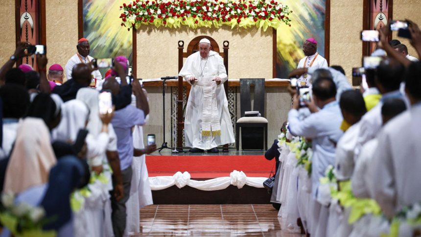 Pope Francis meets with bishops, priests, deacons, consecrated persons, seminarians and catechists at the Shrine of Mary Help of Christians church in Port Moresby, Papua New Guinea, on Saturday.