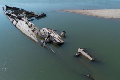 A sunken German warship from World War II is seen in Prahovo, Serbia on September 5, 2024.