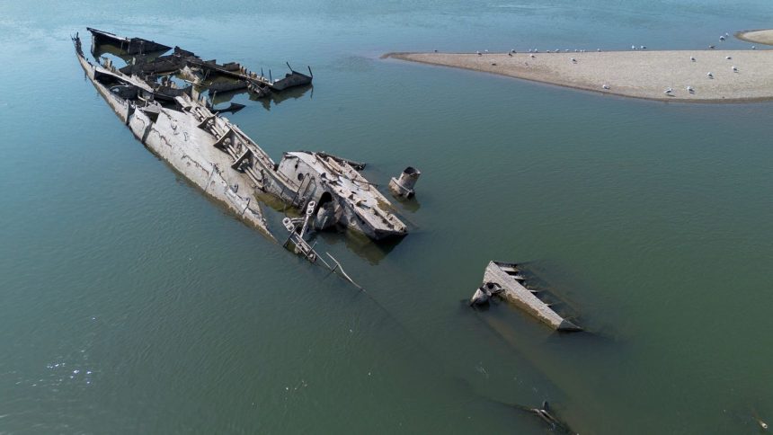 A sunken German warship from World War II is seen in Prahovo, Serbia on September 5, 2024.