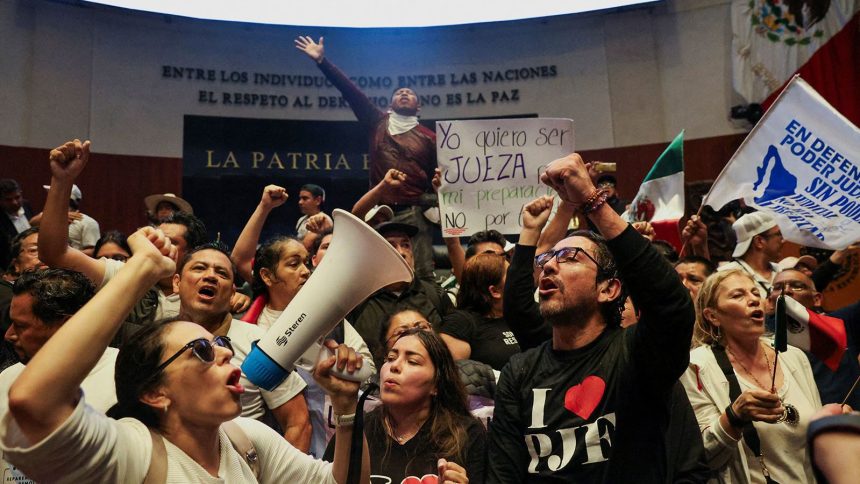 Demonstrators raise their fists after entering the Senate building on Tuesday, September 10, 2024.