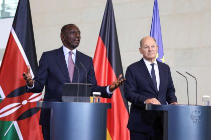 Kenyan President William Ruto and German Chancellor Olaf Scholz give a press conference in Berlin on Friday.