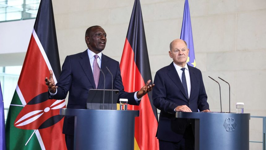 Kenyan President William Ruto and German Chancellor Olaf Scholz give a press conference in Berlin on Friday.