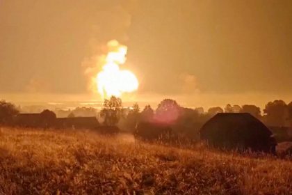 Flames rise during an explosion in Toropets, in Russia's western Tver region, in this screen grab obtained from a social media video released on September 18, 2024.