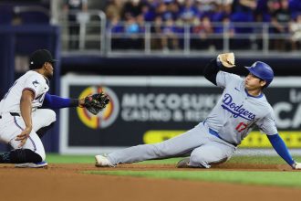 Los Angeles Dodgers star Shohei Ohtani steals second base against the Miami Marlins during the first inning at loanDepot Park.