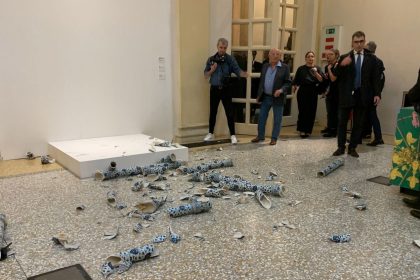 "Porcelain Cube" by artist Ai Weiwei is pictured after being destroyed by a man during the exhibition opening of "Who am I?" in Bologna, Italy on September 20, 2024.