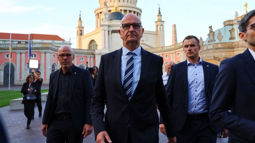 Brandenburg state premier and candidate of Germany's Social Democratic Party Dietmar Woidke, pictured after the first exit polls of the state election in Potsdam on September 22, 2024.