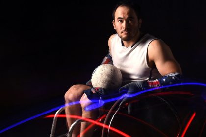 WEST HOLLYWOOD, CALIFORNIA - NOVEMBER 19: Wheelchair rugby athlete Chuck Aoki poses for a portrait during the Team USA Tokyo 2020 Olympics shoot on November 19, 2019 in West Hollywood, California. (Photo by Harry How/Getty Images)