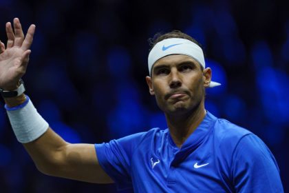 LONDON, ENGLAND - SEPTEMBER 23: Rafael Nadal of Spain and Roger Federer of Switzerland in action for Team Europe in their doubles match against Frances Tiafoe of the United States and Jack Sock of the United States of Team World at the Laver Cup at The O2 Arena on September 23, 2022 in London, England. (Photo by TPN/Getty Images)