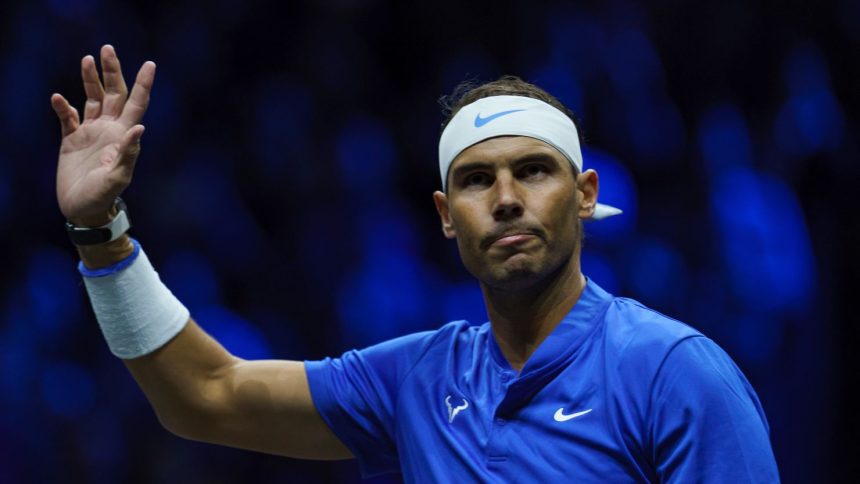 LONDON, ENGLAND - SEPTEMBER 23: Rafael Nadal of Spain and Roger Federer of Switzerland in action for Team Europe in their doubles match against Frances Tiafoe of the United States and Jack Sock of the United States of Team World at the Laver Cup at The O2 Arena on September 23, 2022 in London, England. (Photo by TPN/Getty Images)