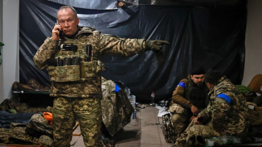 Commander of the Ukrainian army, Colonel General Oleksandr Syrskyi, gives instructions in a shelter in Soledar, the site of heavy battles with the Russian forces, in the Donetsk region, Ukraine on January 8, 2023.