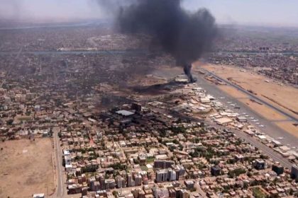 TOPSHOT - This image grab taken from AFPTV video footage on April 20, 2023, shows an aerial view of black smoke rising above the Khartoum International Airport amid ongoing battles between the forces of two rival generals. - Hundreds of people have been killed since the fighting erupted on April 15 between forces loyal to Sudan's army chief Abdel Fattah al-Burhan and his deputy, Mohamed Hamdan Daglo, who commands the paramilitary Rapid Support Forces (RSF). (Photo by AFP) (Photo by -/AFP via Getty Images)