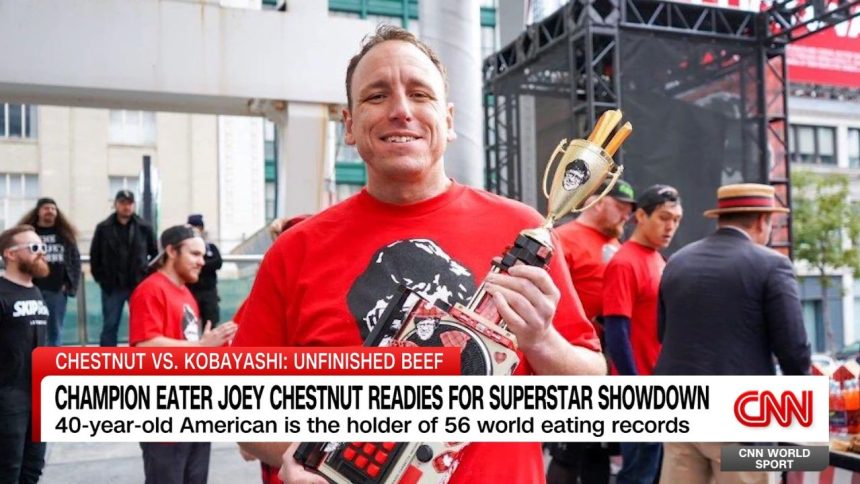 Hot dog eating champions Joey Chestnut and Takeru Kobayashi have “Unfinished Beef” to settle. The two competitive eaters, who have faced off before at Nathan’s Famous Hot Dog Eating Contest, will battle it out on Labor Day to prove which one of them is the better hot dog eating champion. Chestnut has been speaking with World Sport's Don Riddell ahead of the showdown.