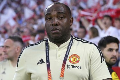 Manchester United's coach Benni McCarthy during the UEFA Europa League quarter-final second leg match at the Ramon Sanchez-Pizjuan Stadium, Seville. Picture date: Thursday April 20, 2023. (Press Association via AP Images)