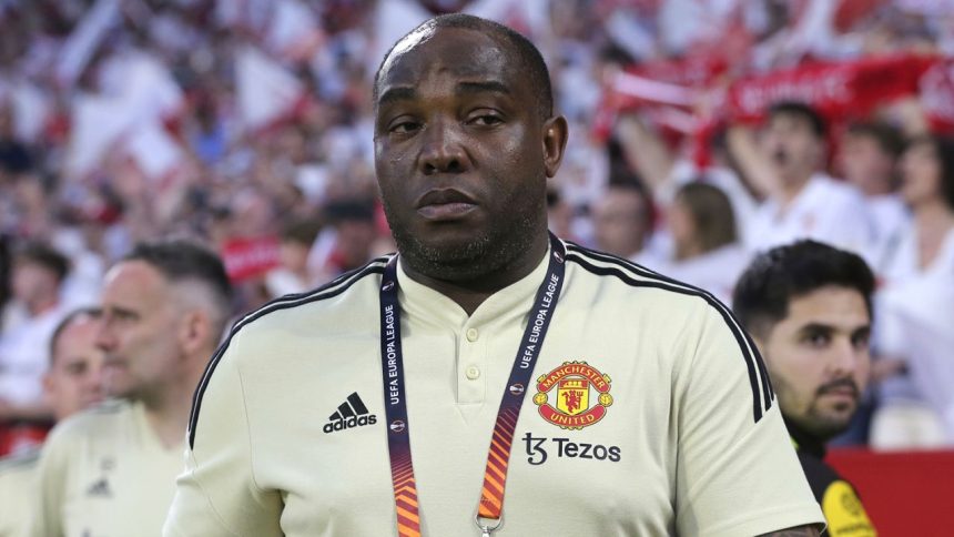 Manchester United's coach Benni McCarthy during the UEFA Europa League quarter-final second leg match at the Ramon Sanchez-Pizjuan Stadium, Seville. Picture date: Thursday April 20, 2023. (Press Association via AP Images)