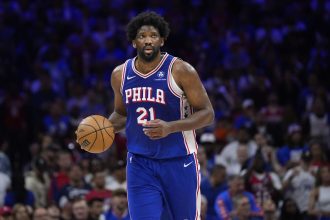 The Philadelphia 76ers' Joel Embiid plays during Game 6 in an NBA basketball first-round playoff series in May.