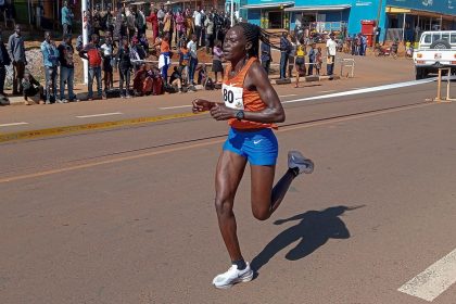 Rebecca Cheptegei, competes at the Discovery 10km road race in Kapchorwa, Uganda on January 20, 2023.