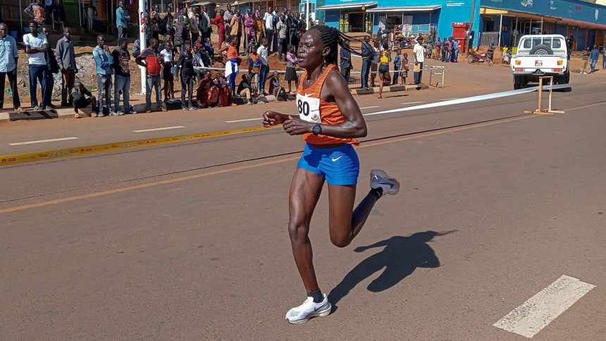 Rebecca Cheptegei competes at the Discovery 10km road race in Kapchorwa, Uganda on January 20, 2023.