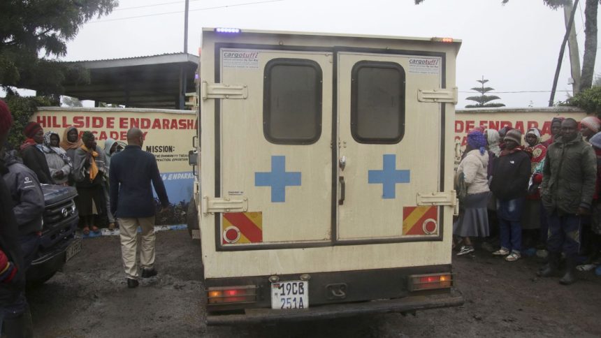 An ambulance arrives at the Hillside Endarasha Primary school following the deadly fire on Friday, Sep. 6, 2024.