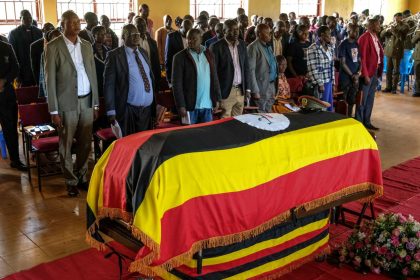 People gather for a funeral service of Ugandan Olympic athlete Rebecca Cheptegei ahead of her burial in Kapkoros, Bukwo District, Uganda.