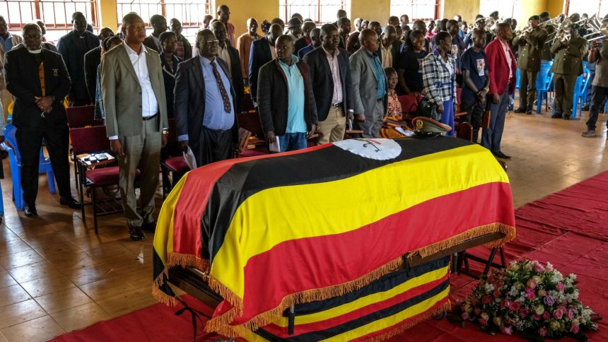 People gather for a funeral service of Ugandan Olympic athlete Rebecca Cheptegei ahead of her burial in Kapkoros, Bukwo District, Uganda.