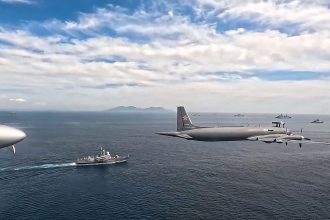 Russian anti-submarine aircraft fly during joint naval and air drills with China at the Ocean-2024 drills.