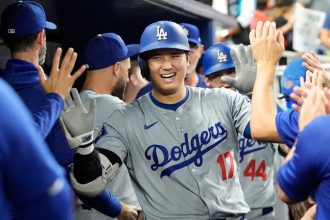 Ohtani celebrates hitting a home run against the Miami Marlins on Thursday.