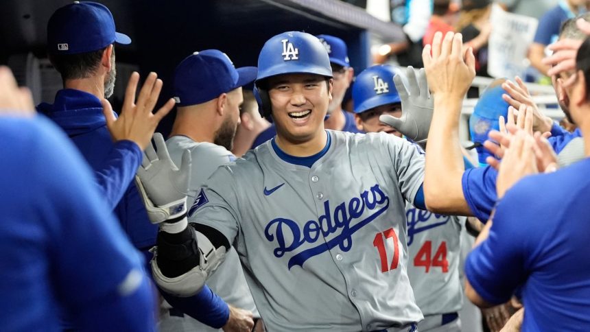 Ohtani celebrates hitting a home run against the Miami Marlins on Thursday.