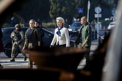 President of the European Commission Ursula von der Leyen, center, on her way to visit a memorial wall commemorating fallen Ukrainian soldiers in the war with Russia, in Kyiv, on September 20.