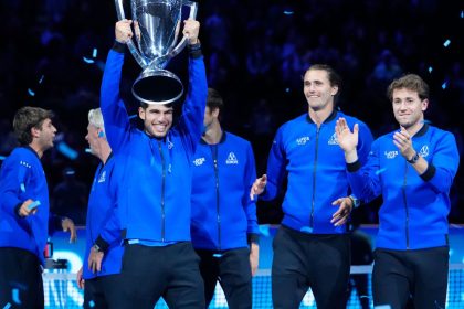 Carlos Alcaraz lifts the Laver Cup after Europe's victory.