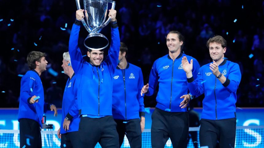 Carlos Alcaraz lifts the Laver Cup after Europe's victory.