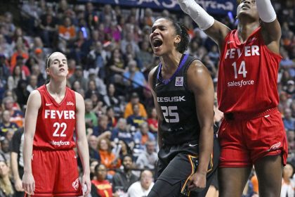 Connecticut Sun forward Alyssa Thomas celebrates during her team's series-sealing win over the Indiana Fever.