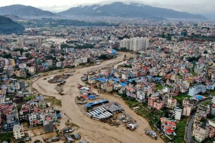 In this aerial image of the Kathmandu valley, Bagmati River is seen flooded due to heavy rains in Kathmandu, Nepal, Saturday, September 28, 2024.