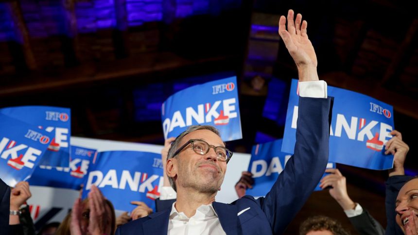 Herbert Kickl, leader of the Freedom Party of Austria waves to supporters, in Vienna, Austria, on September 29, 2024, after polls closed in the country's national election.