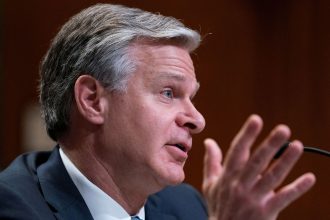 In this June 4 photo, FBI Director Christopher Wray testifies during a Senate Appropriations Commerce, Justice, Science, and Related Agencies Subcommittee hearing on President Biden’s proposed budget request for the Federal Bureau of Investigation, on Capitol Hill in Washington, DC.