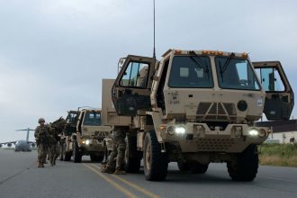 In this handout photo from the US Army, US Army soldiers prepare a Light Mobile Terrain Vehicle on Shemya Island as part a force projection operation on September 13.