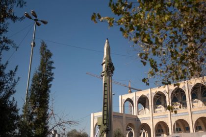 This January 2022 photo shows an Iranian short-range surface-to-surface ballistic missile in Tehran.